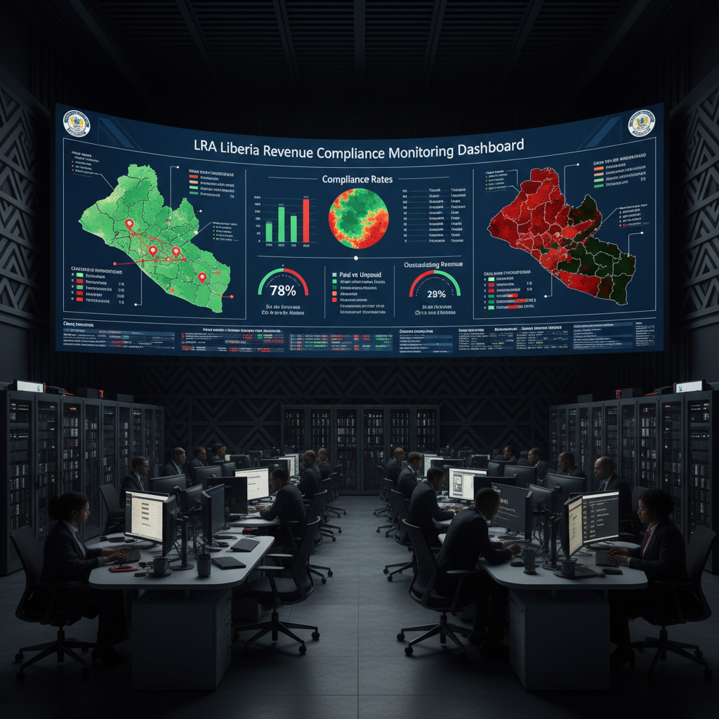 LRA operations center with large screens showing real-time compliance monitoring dashboard and Liberia county payment heat maps