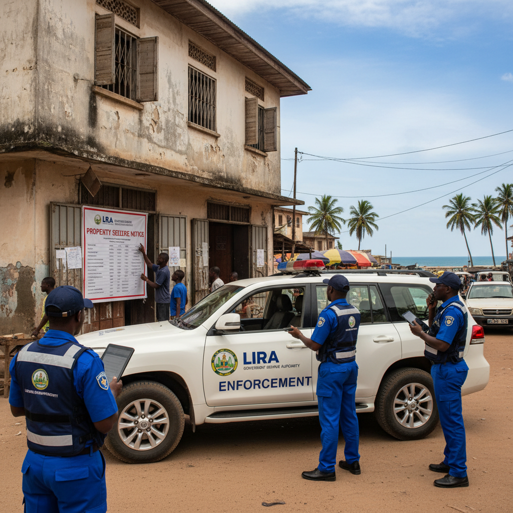 LRA enforcement officers conducting field visit to a delinquent property in Monrovia with official government vehicle and tablets