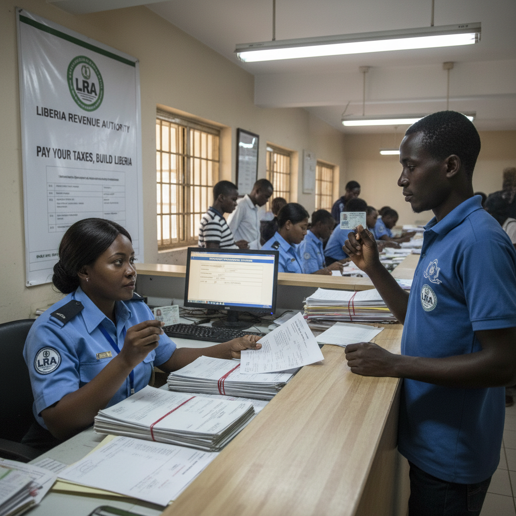 LRA tax official verifying property ownership documents with a citizen at a government office in Monrovia