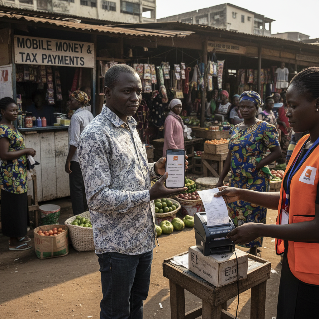 Liberian citizen paying property tax via mobile money at an Orange Money kiosk in a Monrovia market