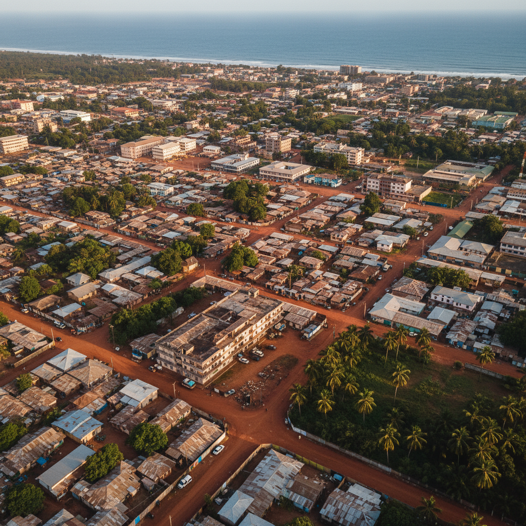 Aerial view of Monrovia neighborhoods showing dense informal settlements and commercial properties in Liberia
