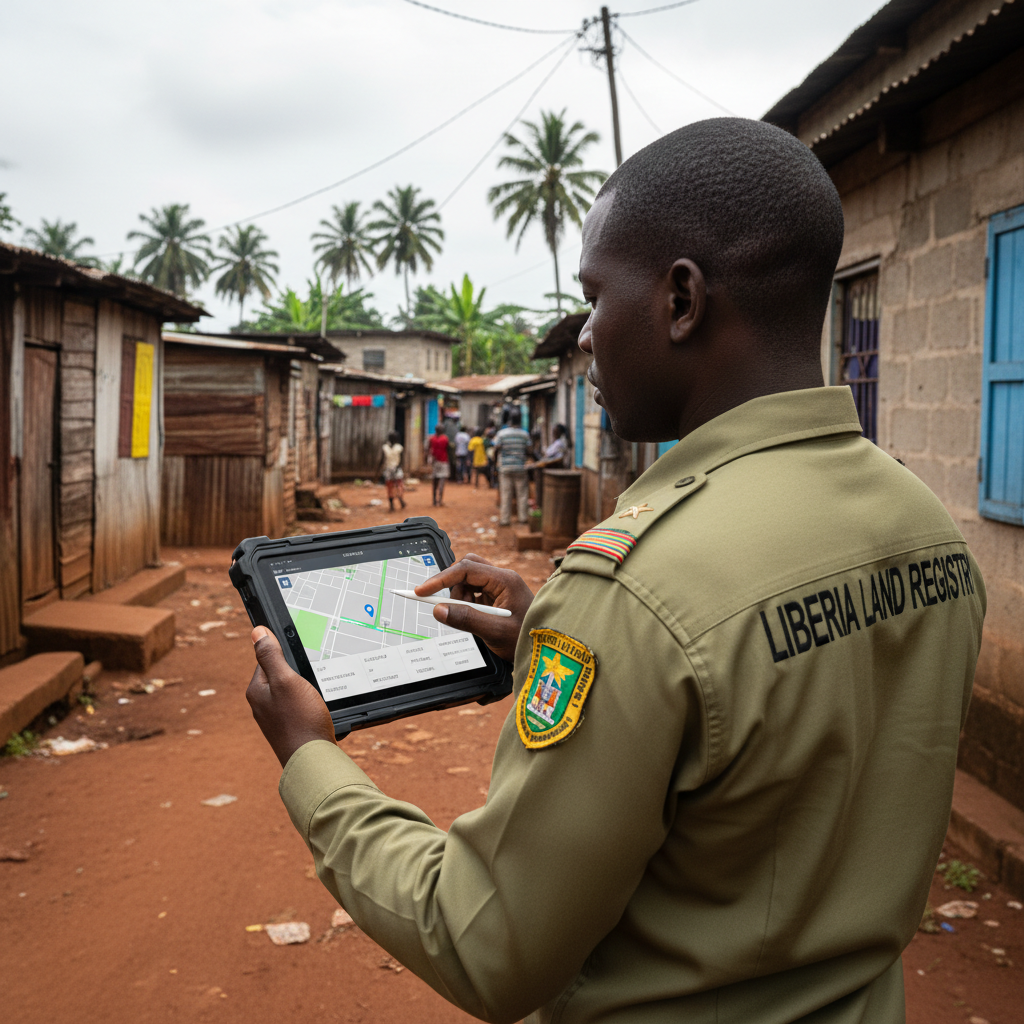 Liberian government field officer GPS-tagging a property using a rugged tablet in a Monrovia neighborhood
