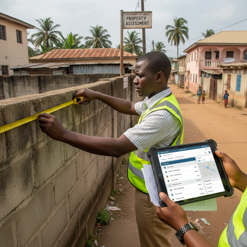 Government assessor with digital tablet classifying and valuing a residential property in a Monrovia neighborhood