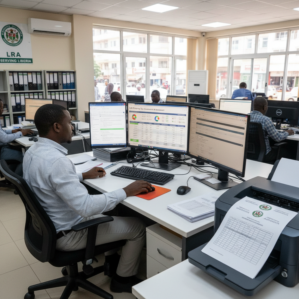 LRA Liberia tax assessment office with officials generating property tax bills on computer systems with multiple monitors