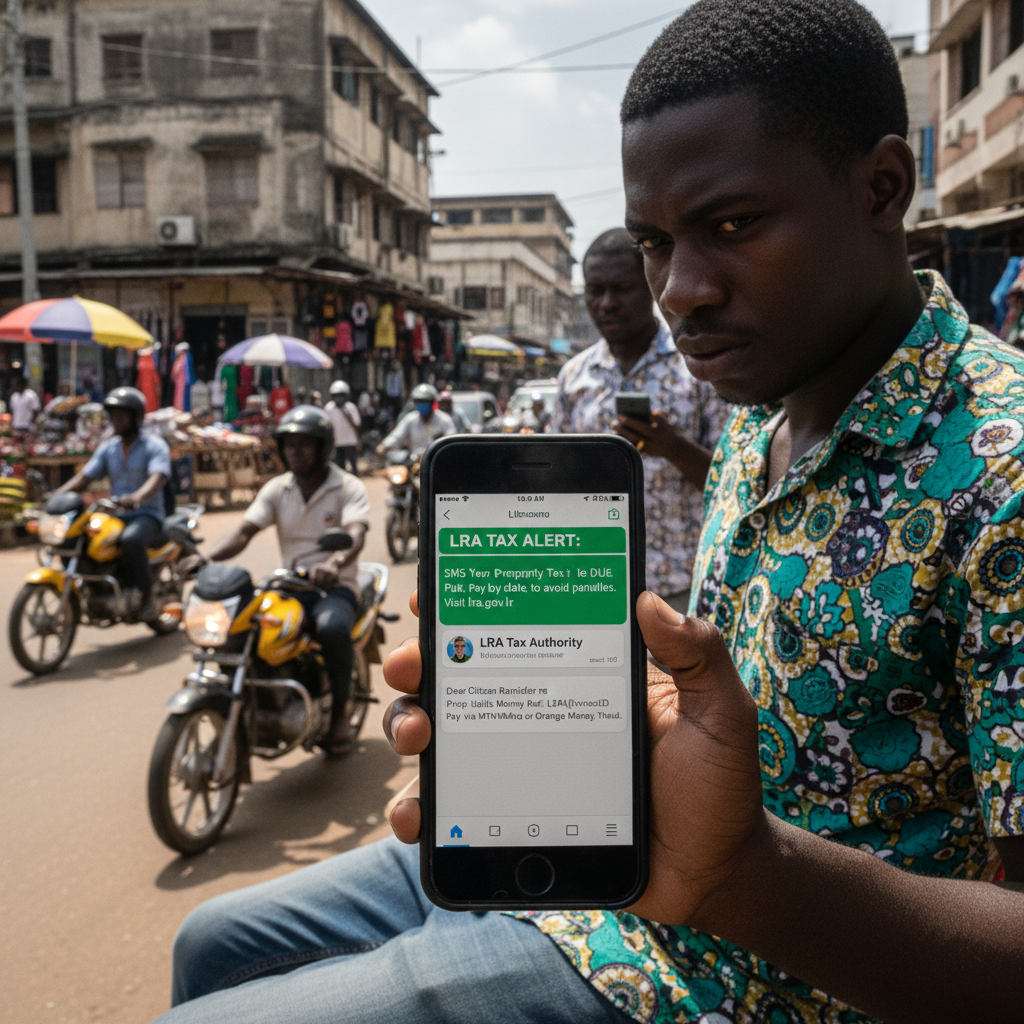 Liberian citizen receiving property tax notification via SMS and WhatsApp on mobile phone in urban Monrovia